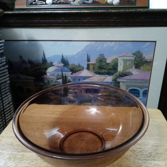 🍜2 Pyrex Set Amber Nesting Mixing Bowl🇺🇸🍲12"+10",Nice Vintage,A Nice Gift.🎁 - Picture 5 of 14